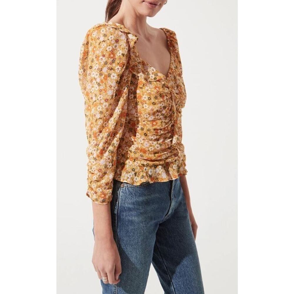 ASTR the Label Womens Ruched Sleeve Blouse in Mustard Orange Ditsy Floral SM $55